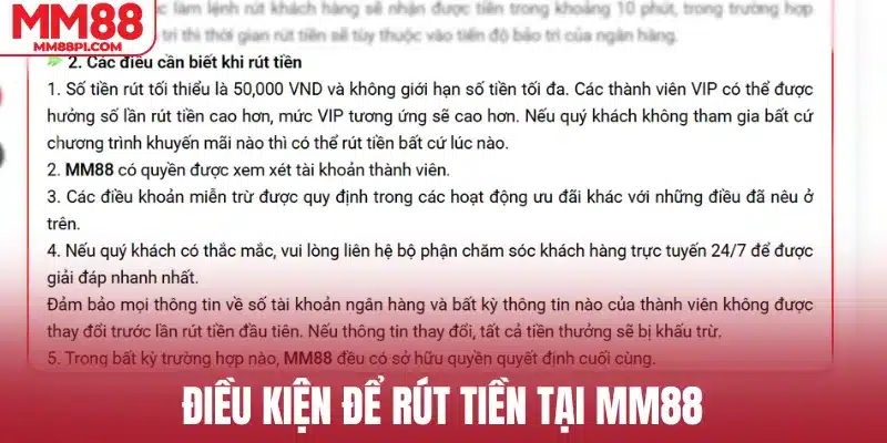 Điều kiện để rút tiền tại MM88